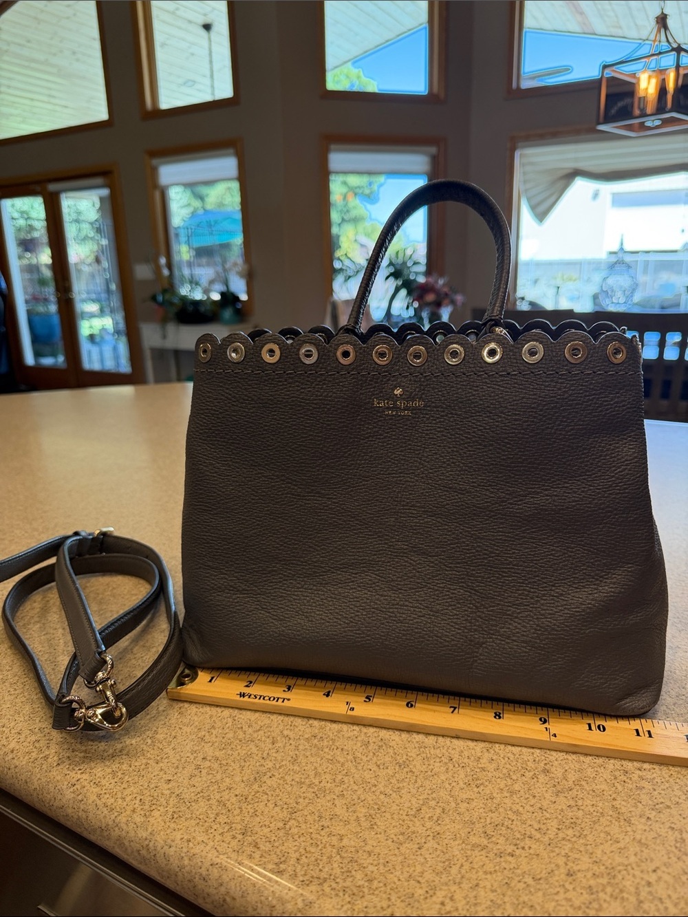 kate spade Gray Pebbled Leather Satchel with Scalloped Eyelet Trim in gold
